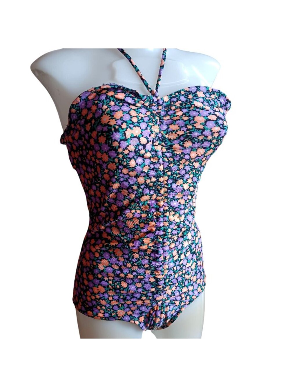 Medium True Vintage Swimsuit Floral Halter One Piece Bodysuit Ruched Mom 1980's